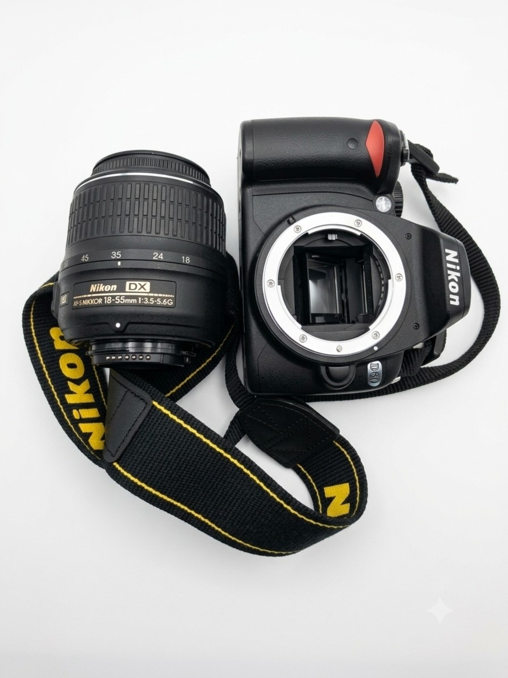 Nikon DSLR Camera Body with Black 18-55mm Lens and Black/Yellow Strap